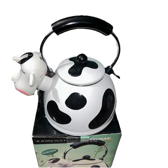 Vintage M Kamenstein Black White Cow 2.5 Qt Whistling Tea Kettle New - Picture 4 of 10